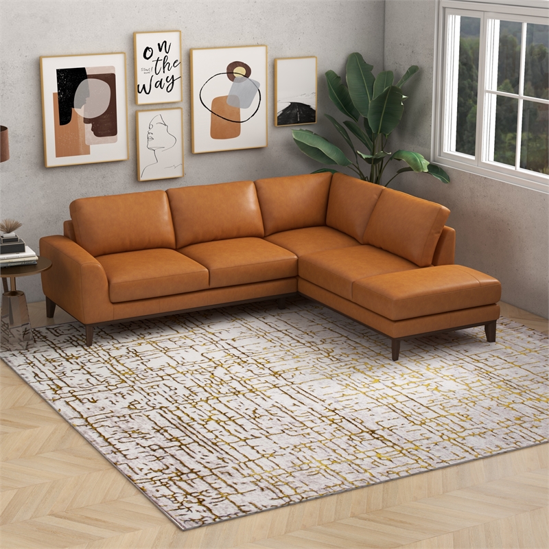 Mundo Mid-Century Tight Back Leather Right-Facing Upholstered Sectional in Tan