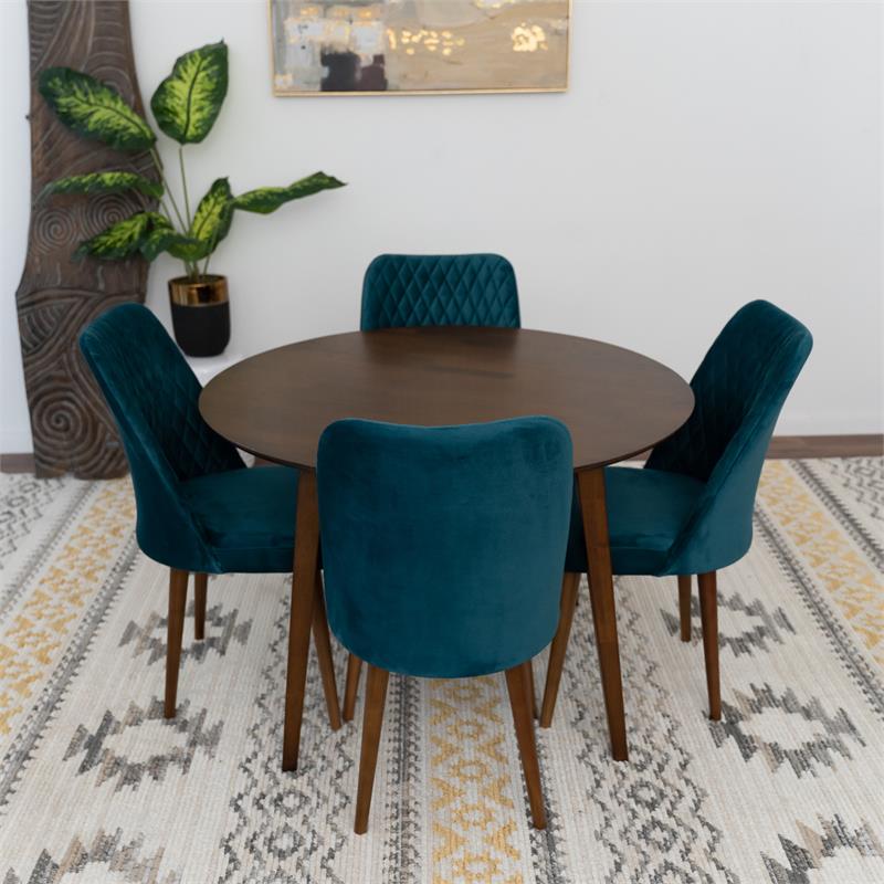 Percy 5-Piece Mid-Century Round Dining Set w 4 Velvet Dining Chairs in Turquoise