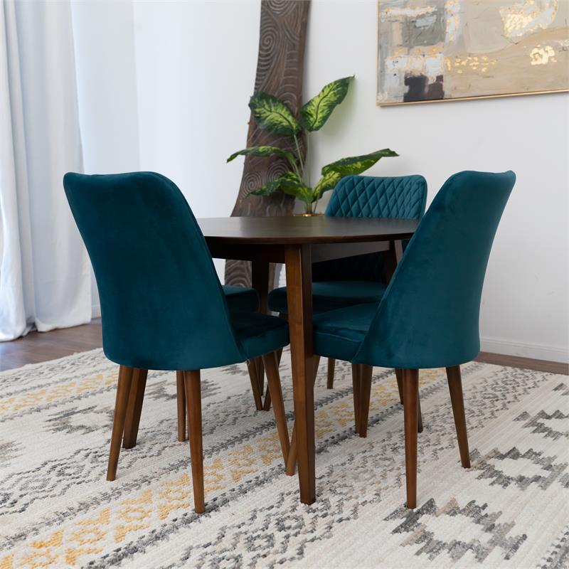 Percy 5-Piece Mid-Century Round Dining Set w 4 Velvet Dining Chairs in Turquoise