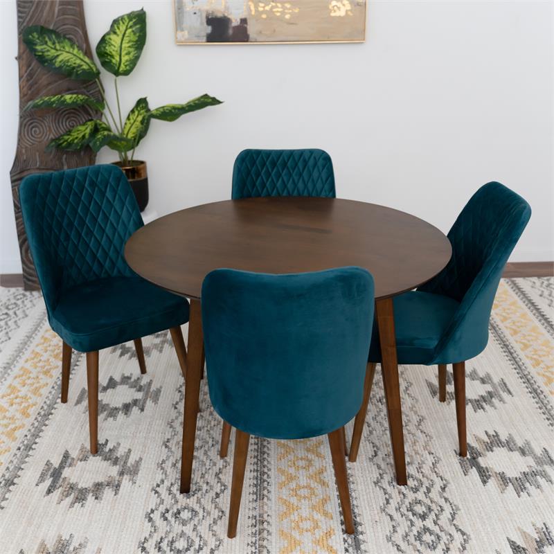 Percy 5-Piece Mid-Century Round Dining Set w 4 Velvet Dining Chairs in Turquoise