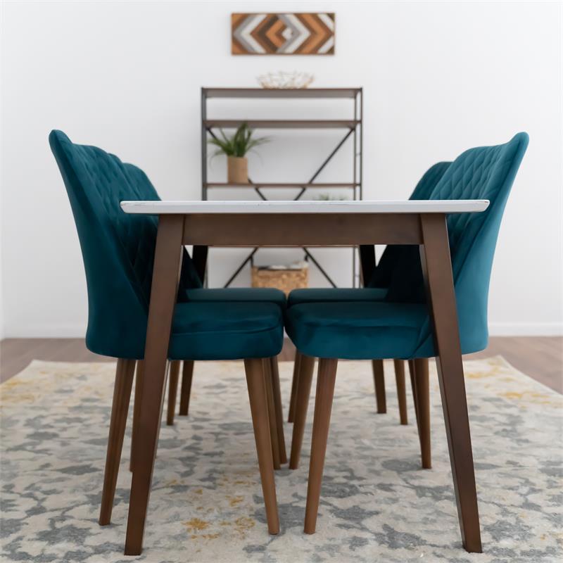 Donald 5-Piece Mid-Century Dining Set w/ 4 Velvet Dining Chairs in Turquoise