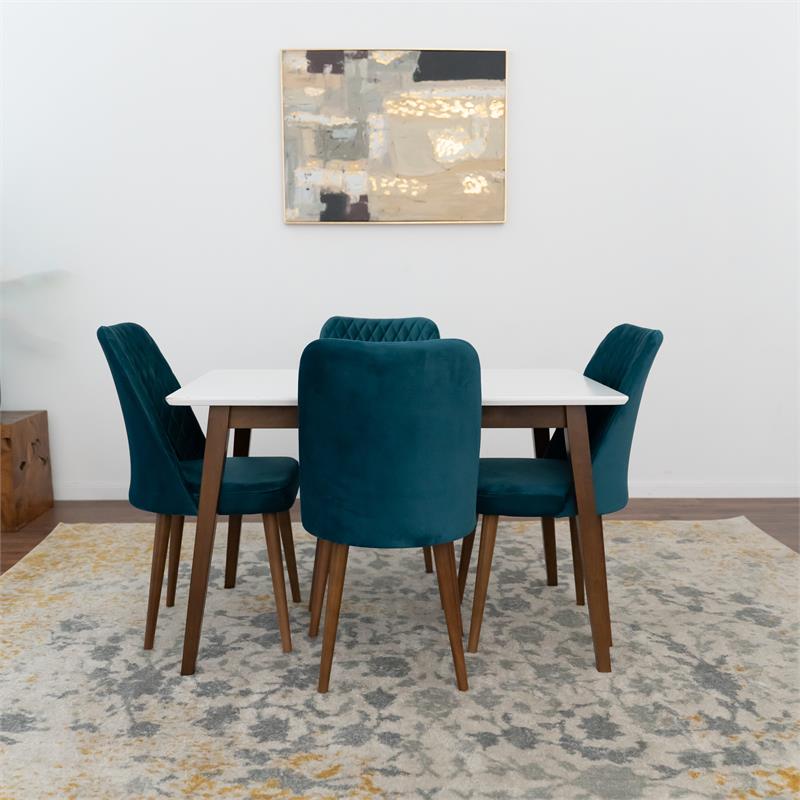 Donald 5-Piece Mid-Century Dining Set w/ 4 Velvet Dining Chairs in Turquoise