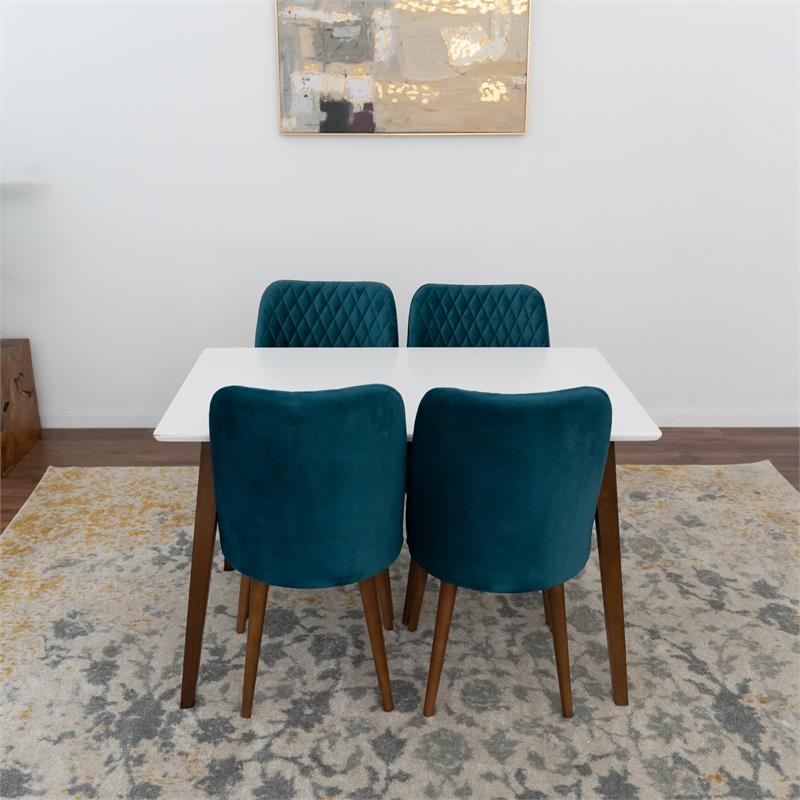 Donald 5-Piece Mid-Century Dining Set w/ 4 Velvet Dining Chairs in Turquoise