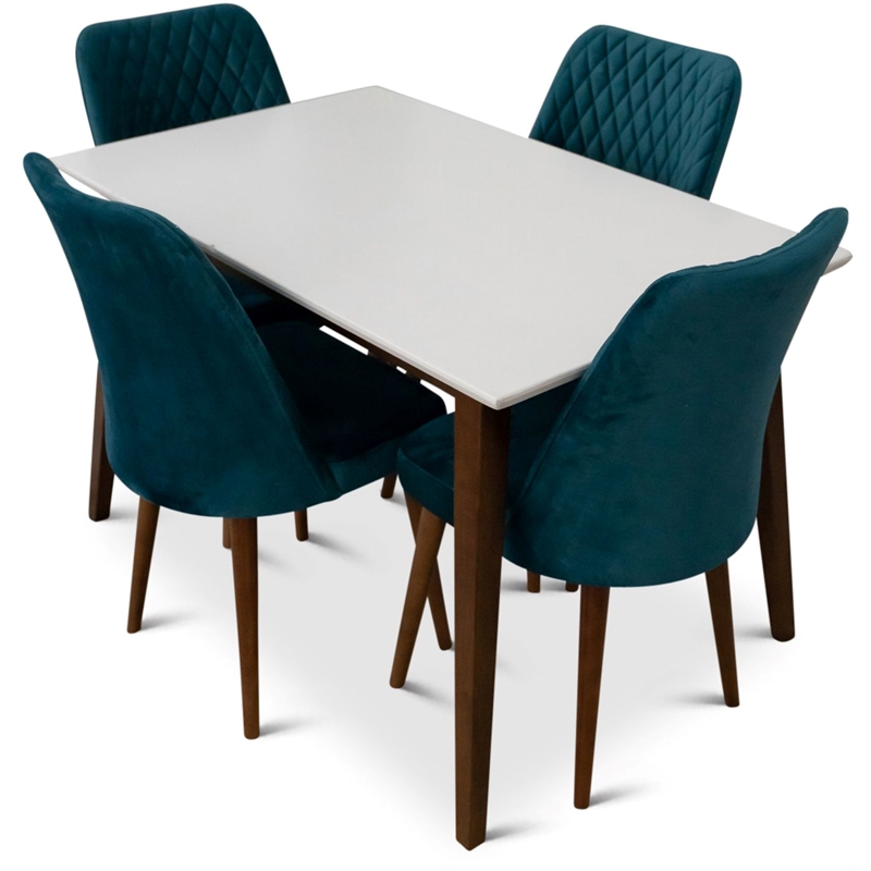 Donald 5-Piece Mid-Century Dining Set w/ 4 Velvet Dining Chairs in Turquoise