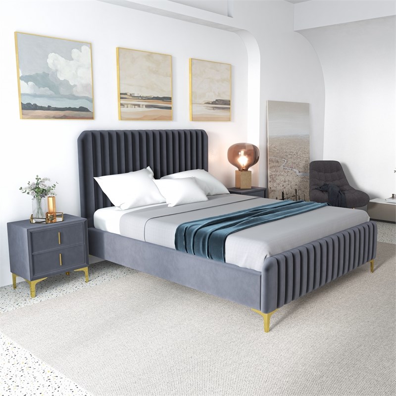 Angelou Mid Century Modern Gray Velvet Upholstered Queen Platform Bed