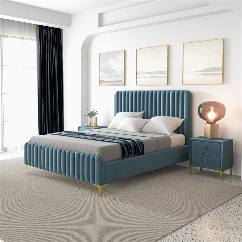 Angelou Mid Century Modern Blue Velvet Upholstered Queen Platform Bed