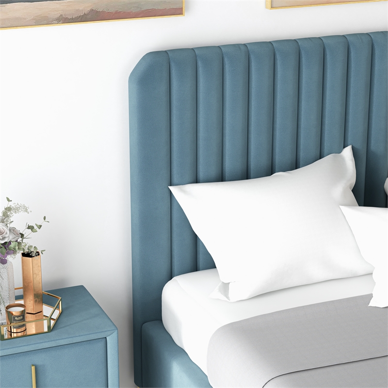 Angelou Mid Century Modern Blue Velvet Upholstered Queen Platform Bed