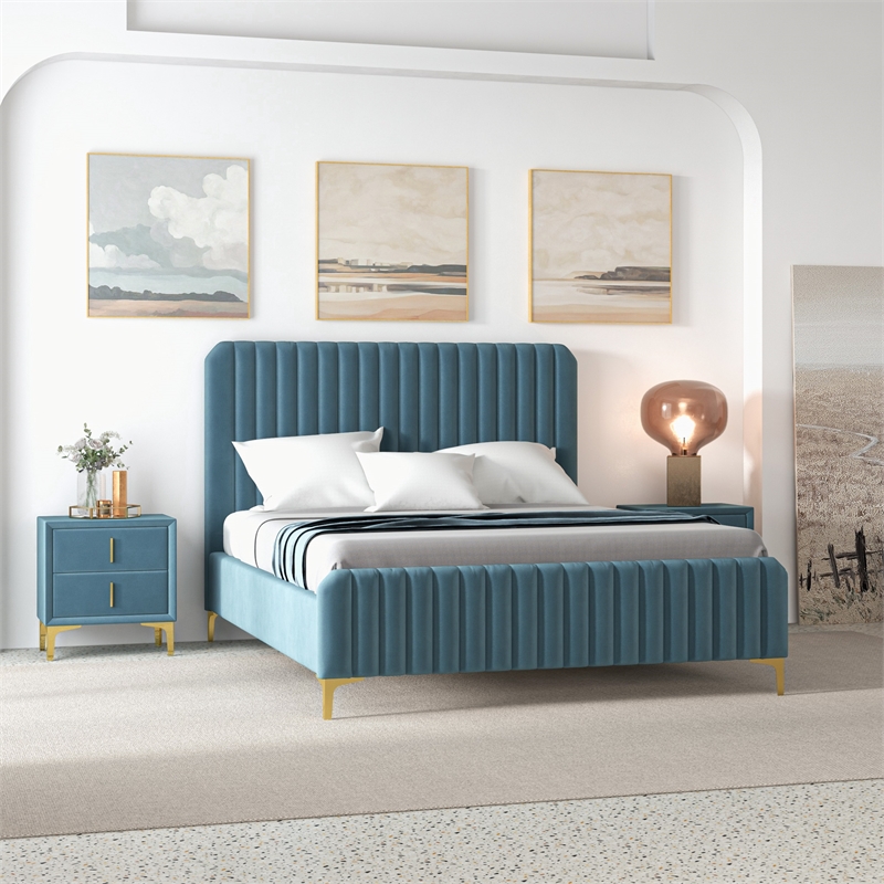Angelou Mid Century Modern Blue Velvet Upholstered Queen Platform Bed