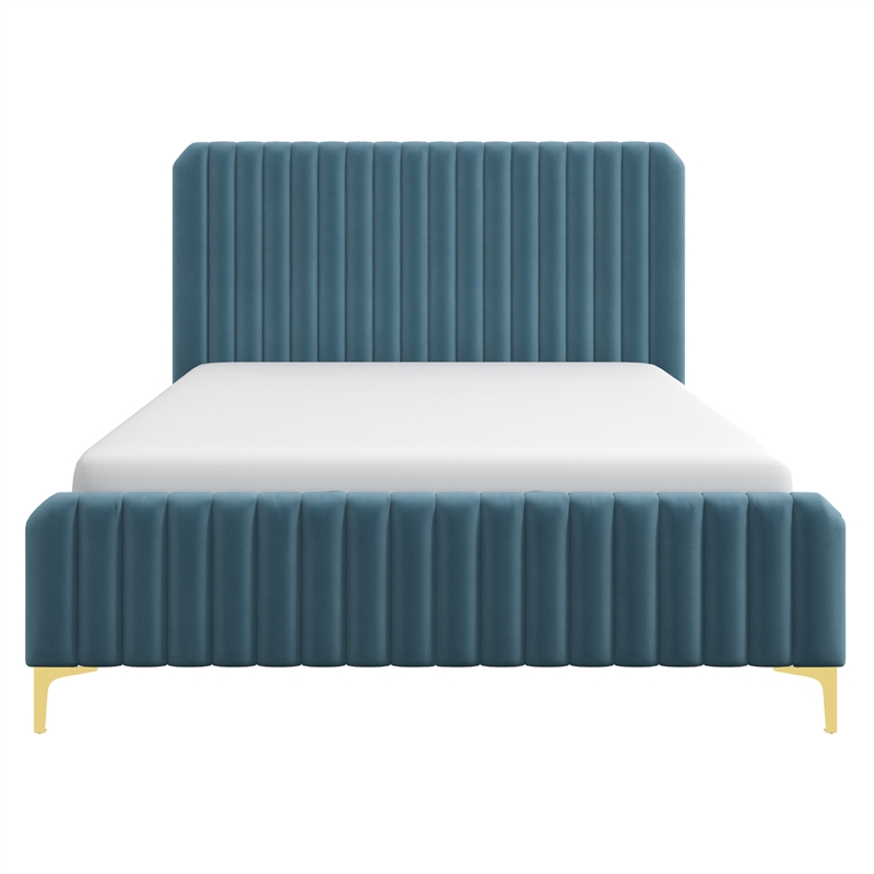 Angelou Mid Century Modern Blue Velvet Upholstered Queen Platform Bed