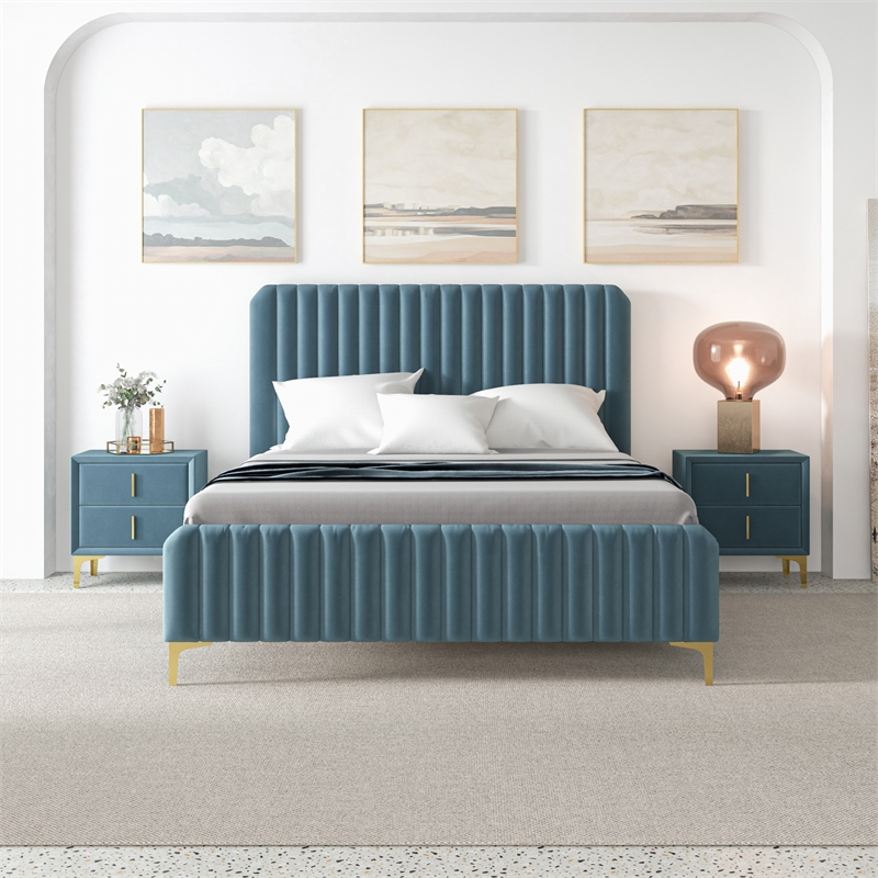 Angelou Mid Century Modern Blue Velvet Upholstered Queen Platform Bed