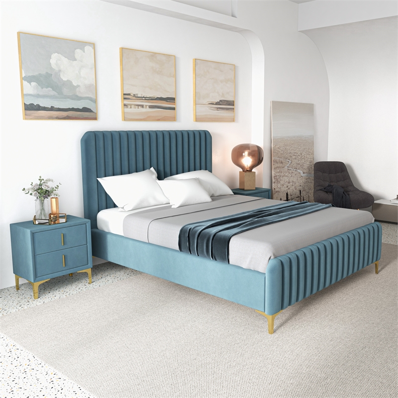 Angelou Mid Century Modern Blue Velvet Upholstered Queen Platform Bed