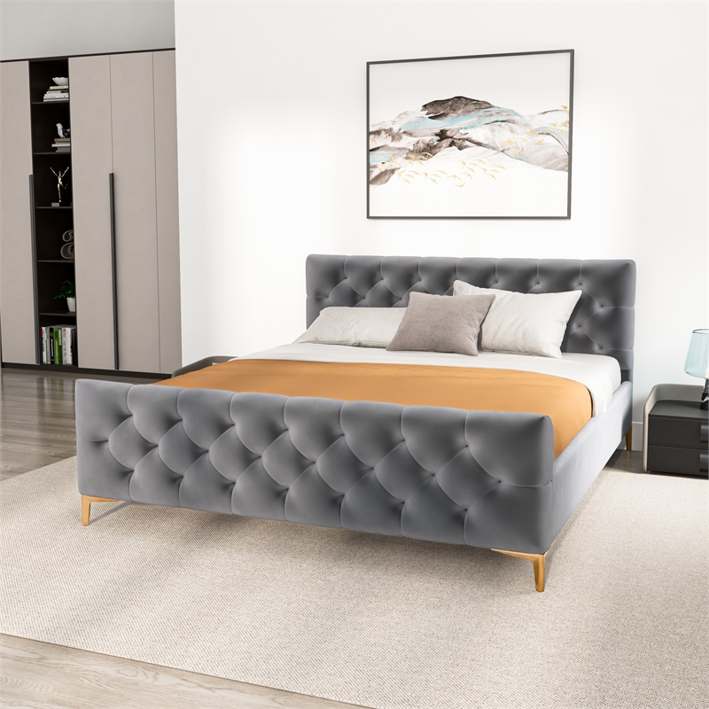 Bella Mid Century Modern Gray Velvet Upholstered King Platform Bed