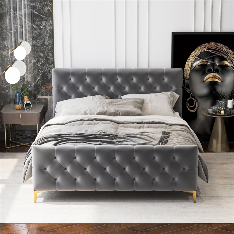 Bella Mid Century Modern Dark Gray Velvet Upholstered Queen Platform Bed