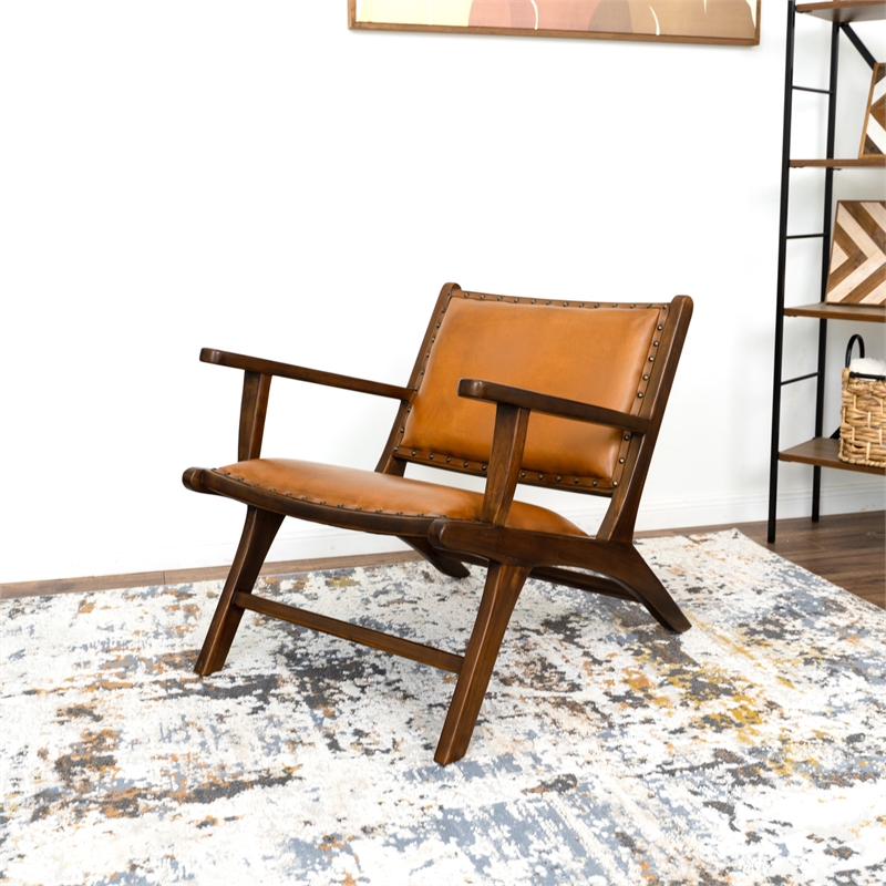 Ananya Genuine Fur Mid Century Furniture Style Leather Armchair in Dark Tan