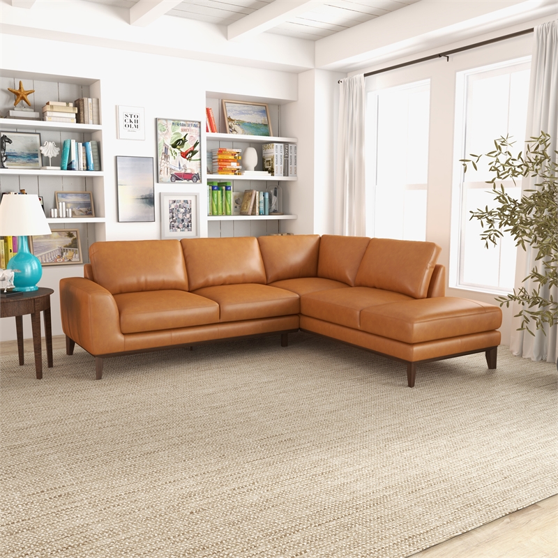 Allestar Living Room L-Shaped Tufted Leather Tan Right-Facing Sectional Sofa