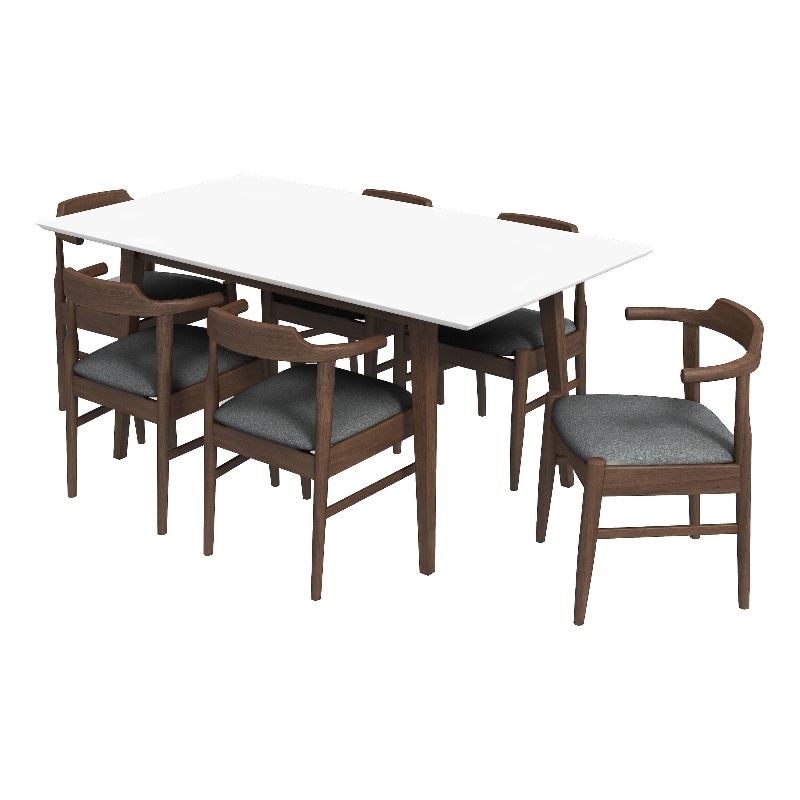 Brookes Modern Solid Wood Walnut Dining Room & Kitchen 7 Piece Furniture Set
