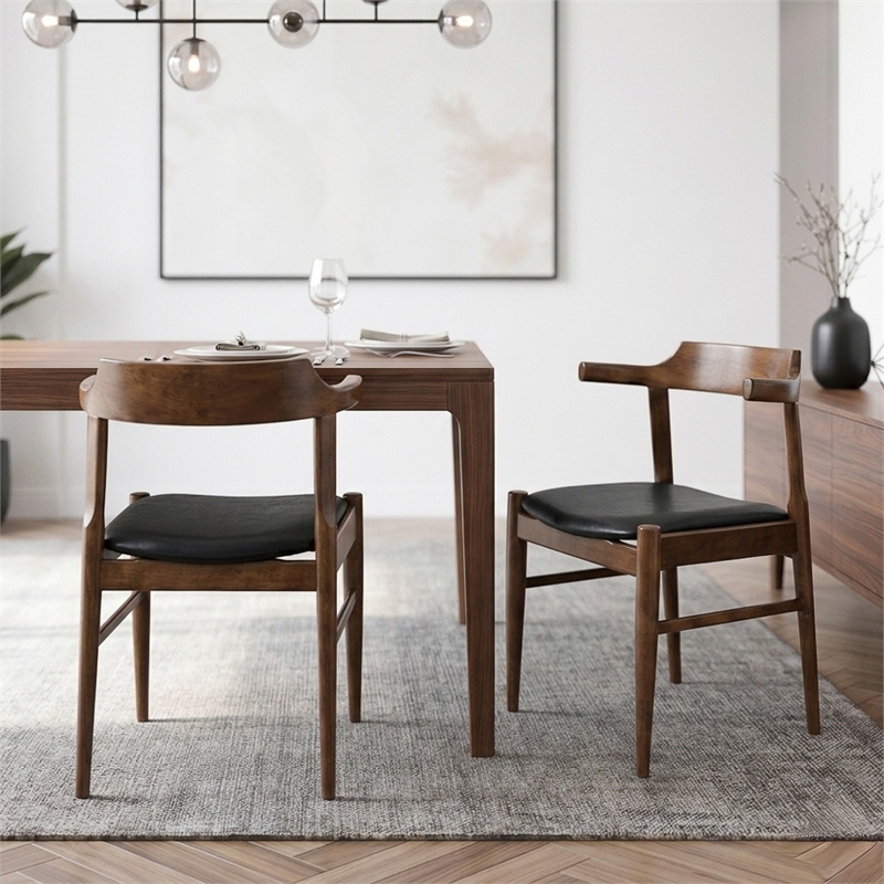 Buford Mid-Century Faux Leather Dining Chair in Black (Pair)