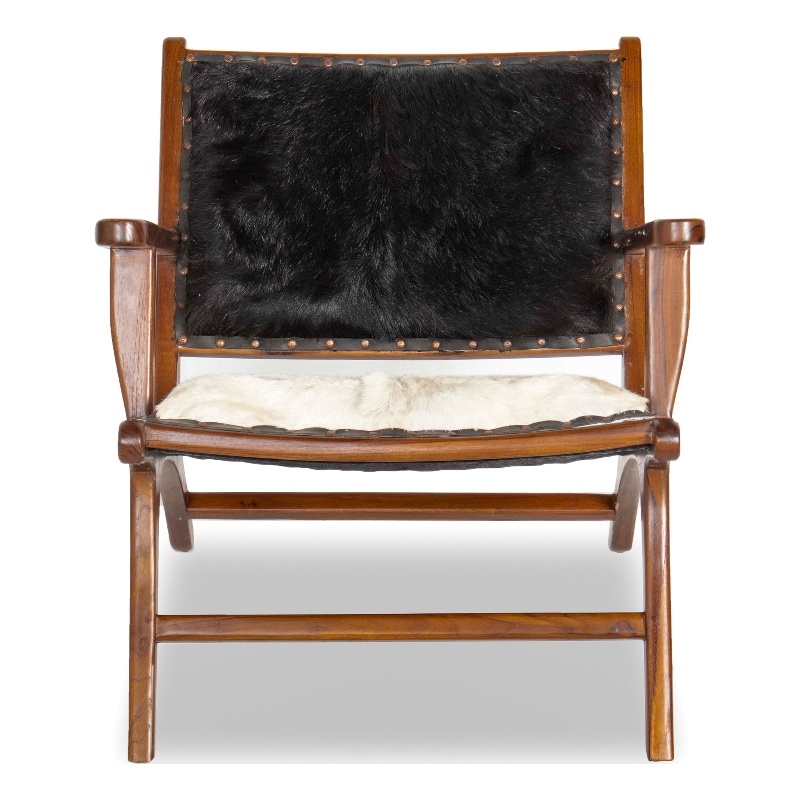 Ananya Genuine Fur Mid Century Modern Comfy Leather Armchair in Black-White