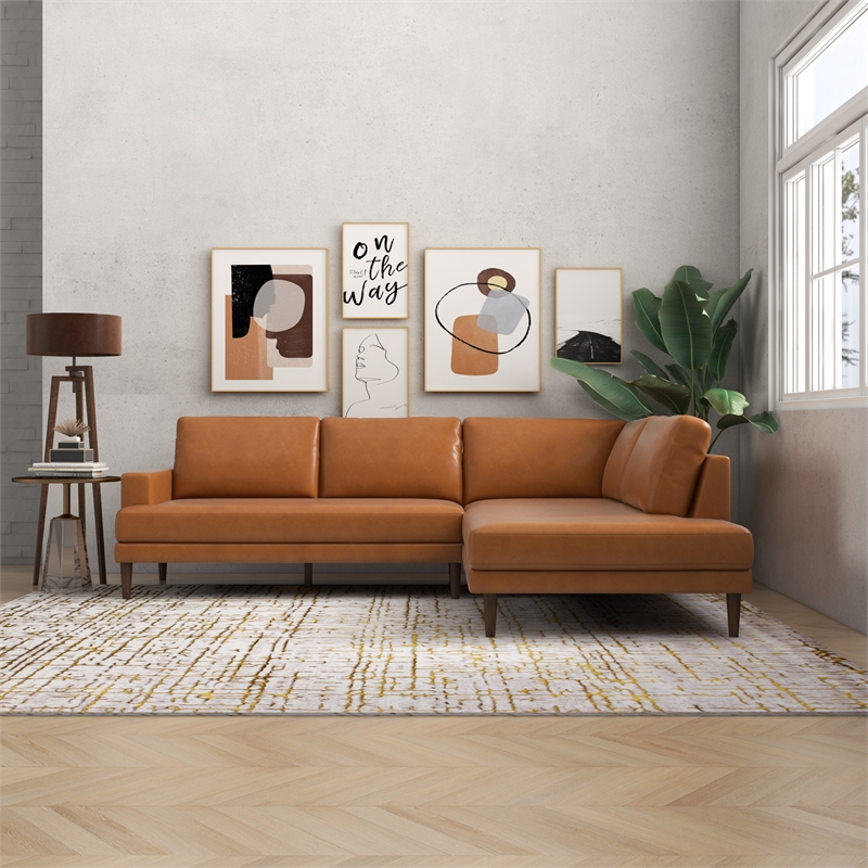 Harmon Pillow Back Genuine Leather Upholstered Right-Facing Sectional in Tan