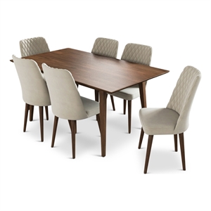 Adel Solid Wood Dining Room Table and Beige Velvet Chair Set