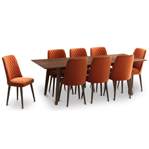 Adem 9-Piece Modern Solid Wood Walnut Dining Room & Kitchen Table and Chair Set
