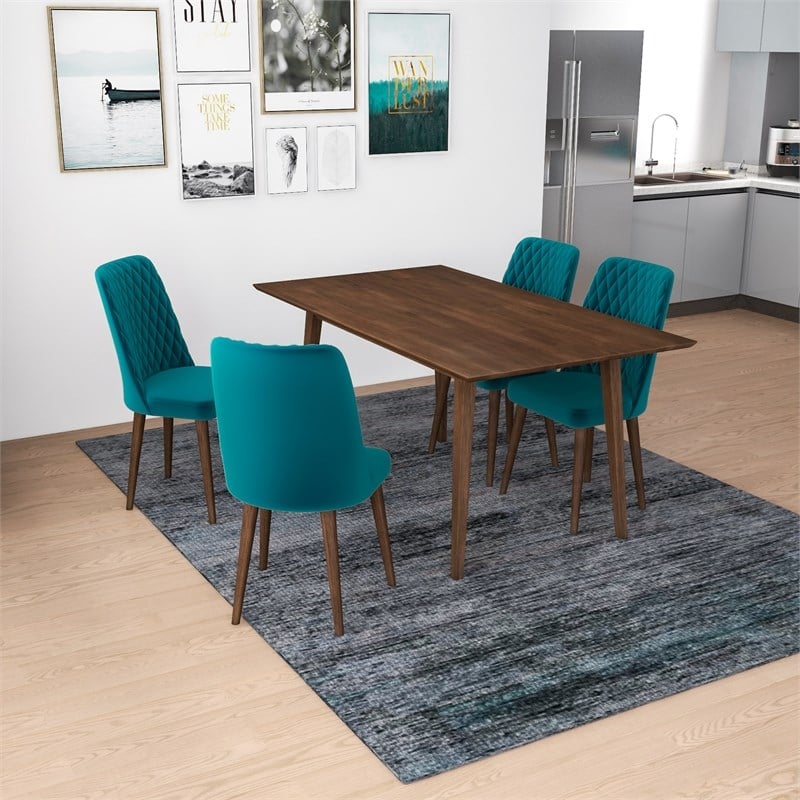 Adara Modern Solid Wood Table and Teal Velvet Chair Dining Room Furniture Set