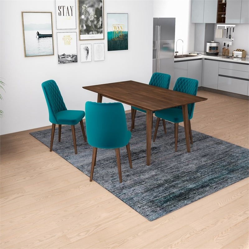 Adara Modern Solid Wood Table and Teal Velvet Chair Dining Room Furniture Set
