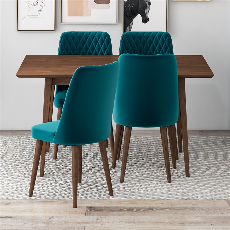 Adino Modern Solid Wood Table and Teal Velvet Chair Dining Room Furniture Set