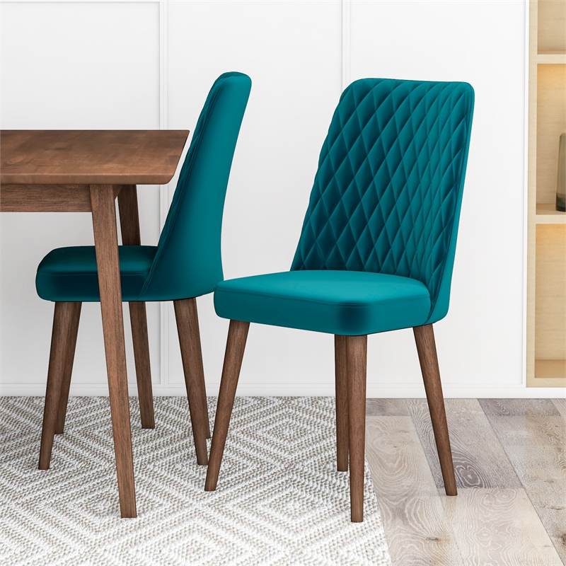 Adino Modern Solid Wood Table and Teal Velvet Chair Dining Room Furniture Set