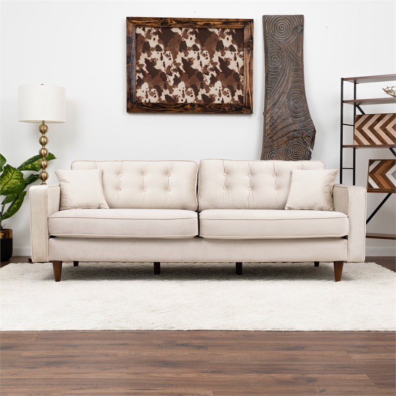 Ophelia Mid Century Modern Furniture Style Beige Velvet Living Room Couch