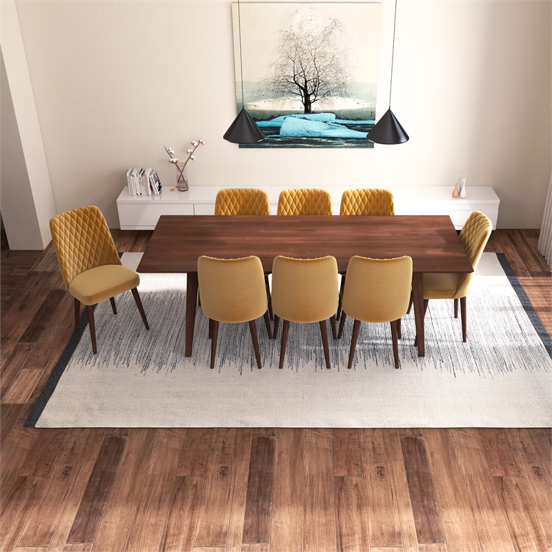 Annabelle 9-Piece Modern Dining Room Solid Wood Table and Gold Velvet Chair Set