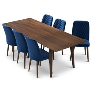Ava Solid Wood Dining Room Table and Blue Velvet Chair Set