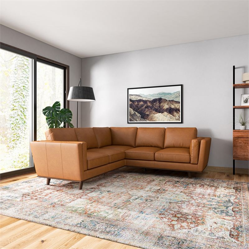 Everdale Modern Living Room Symmetrical Corner Tan Leather Sectional Sofa