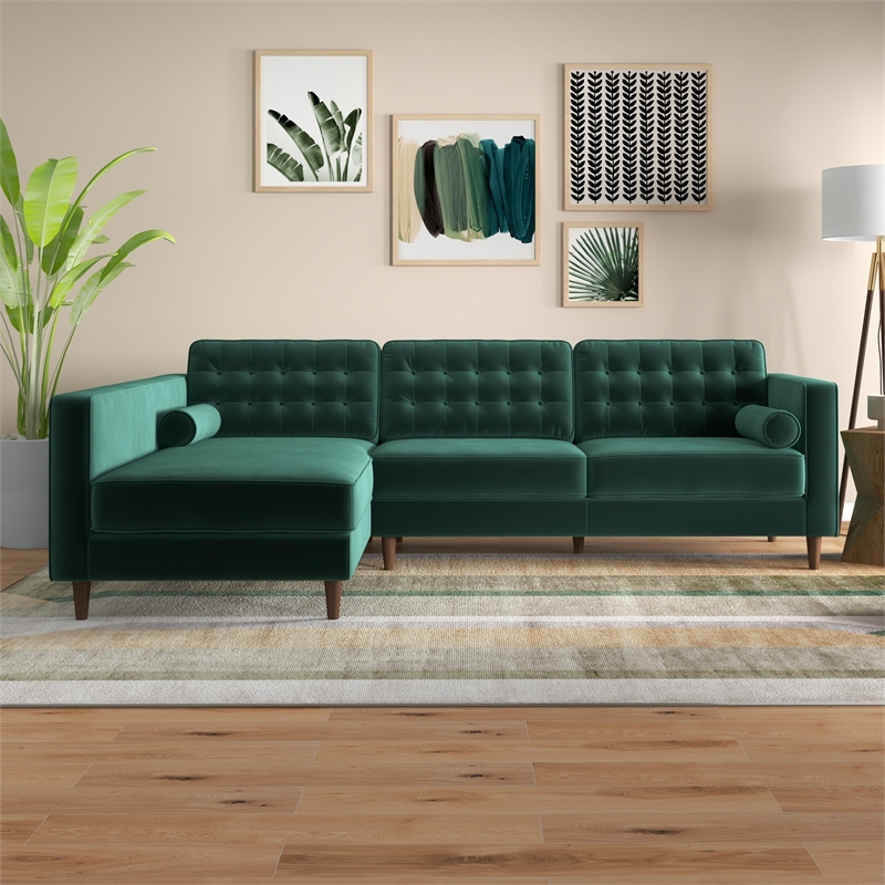 Marcus Living Room Pillow Back Green Velvet L-Shaped Sectional Couch