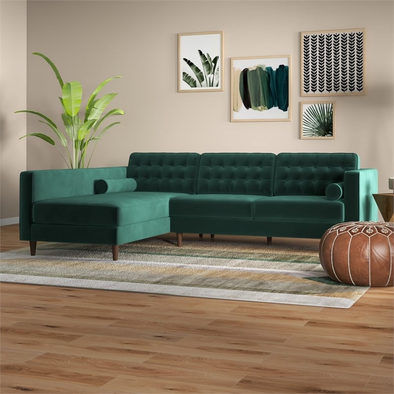 Marcus Living Room Pillow Back Green Velvet L-Shaped Sectional Couch