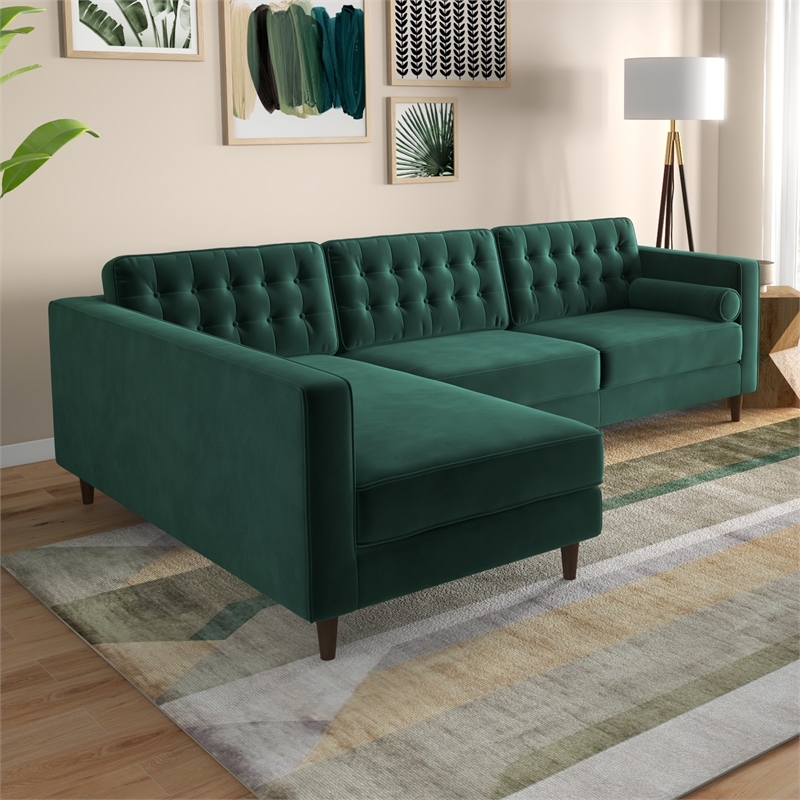 Marcus Living Room Pillow Back Green Velvet L-Shaped Sectional Couch