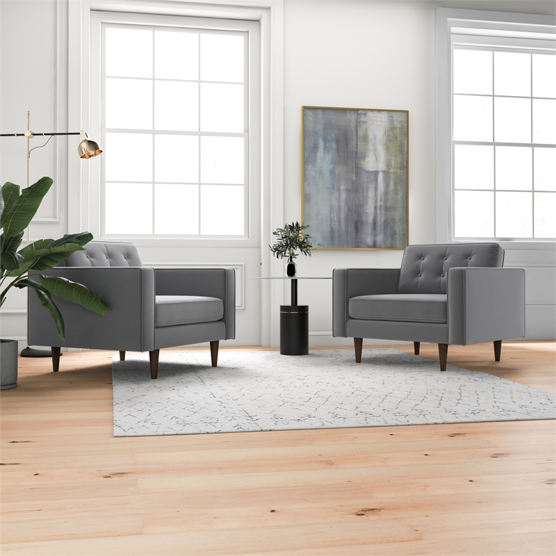 Karmen Mid-Century Pillow Back Velvet Lounge Chair in Gray (Set of 2)