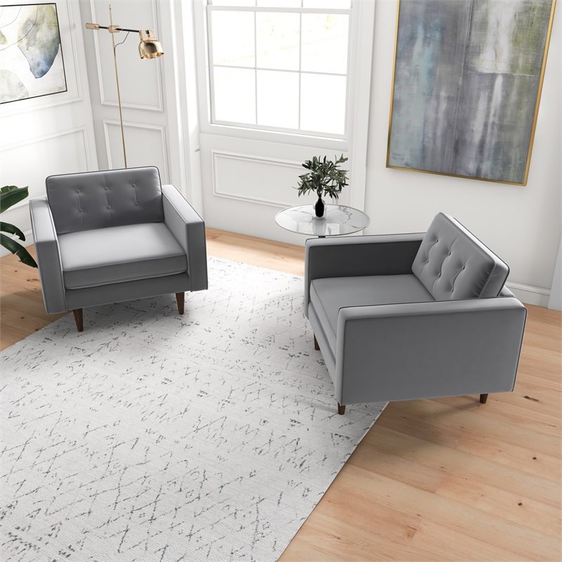Karmen Mid-Century Pillow Back Velvet Lounge Chair in Gray (Set of 2)
