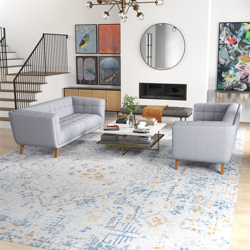 Kartmes Mid-Century Fabric Linen Sofa Set in Light Gray