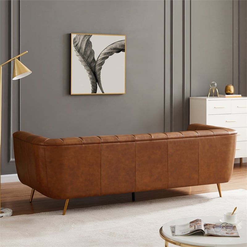 Clodette Mid Century Modern Living Room Genuine Leather Cognac Tan Sofa