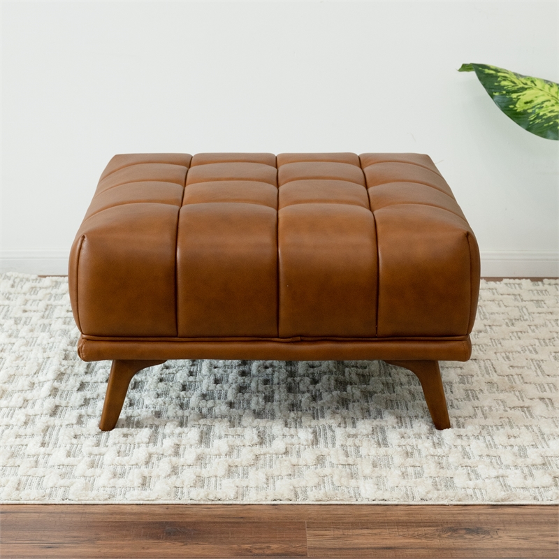 Allen Mid-Century Tufted Tight Back Leather Upholstered Ottoman in Tan