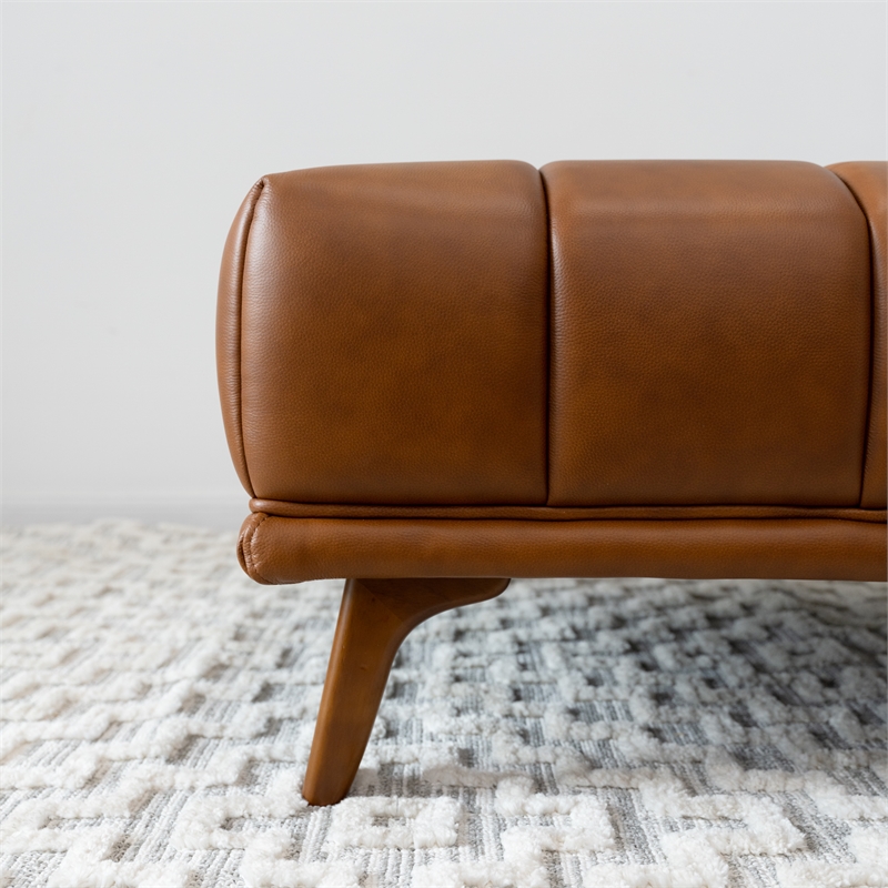 Allen Mid-Century Tufted Tight Back Leather Upholstered Ottoman in Tan