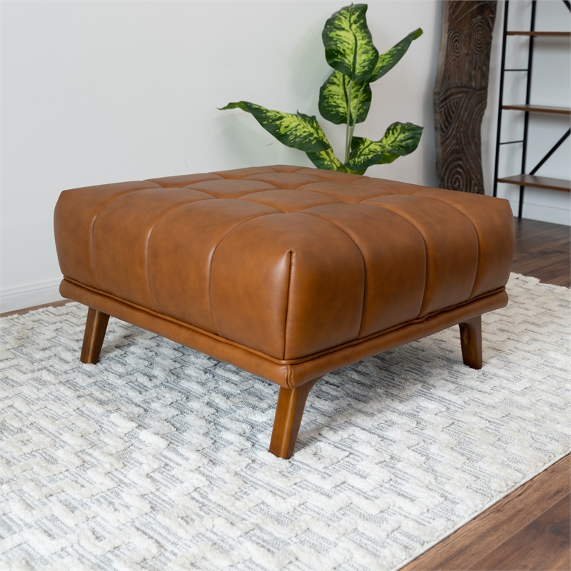 Allen Mid-Century Tufted Tight Back Leather Upholstered Ottoman in Tan