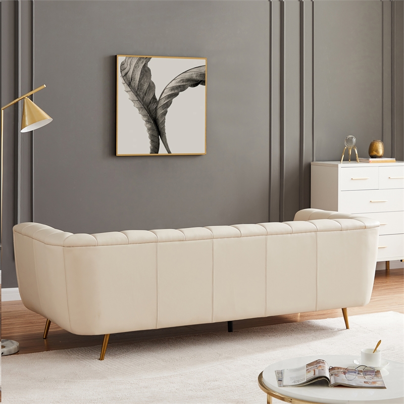 Clodette Mid Century Modern Living Room Genuine Leather Cream Sofa