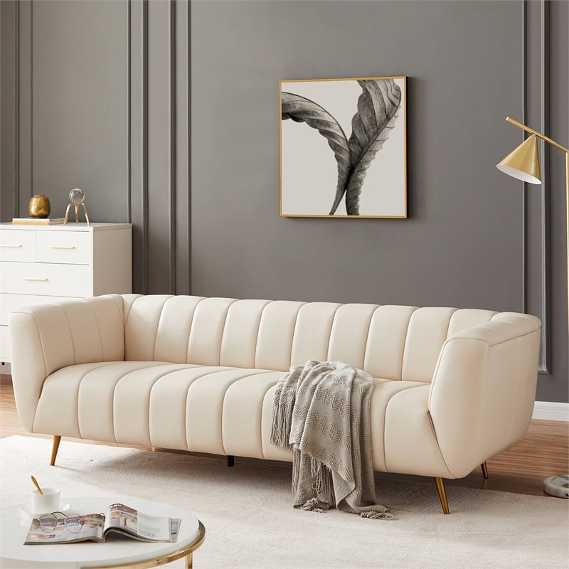 Clodette Mid Century Modern Living Room Genuine Leather Cream Sofa