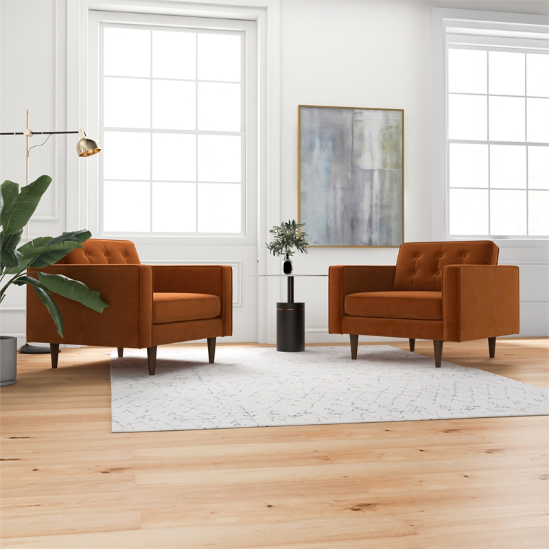 Karmen Mid-Century Pillow Back Velvet Lounge Chair in Orange (Set of 2)