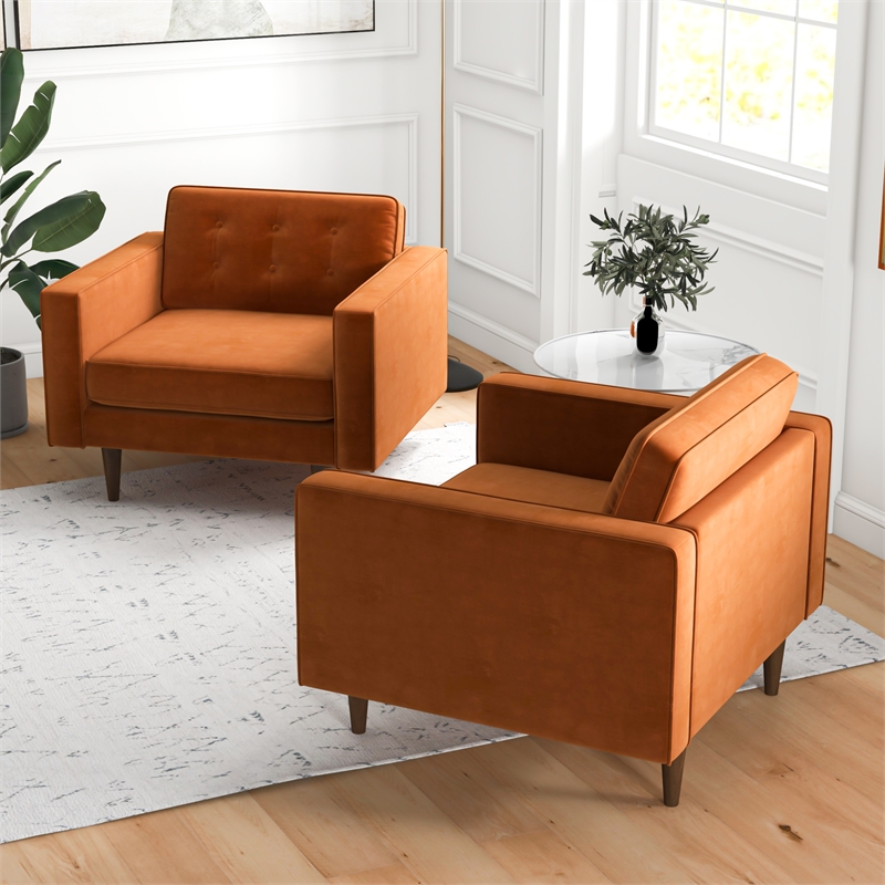 Karmen Mid-Century Pillow Back Velvet Lounge Chair in Orange (Set of 2)