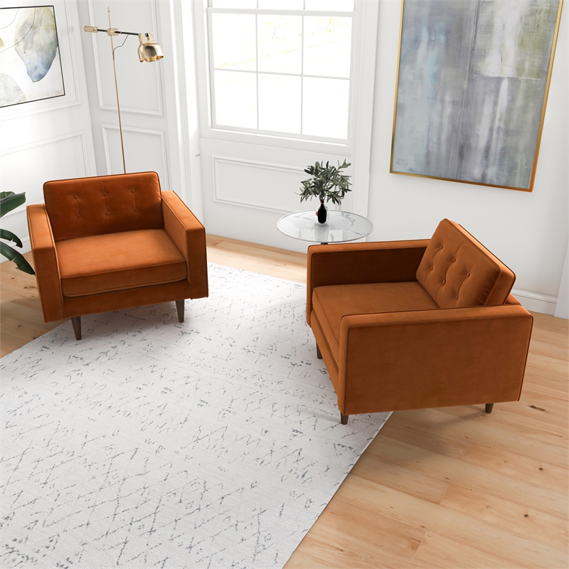 Karmen Mid-Century Pillow Back Velvet Lounge Chair in Orange (Set of 2)