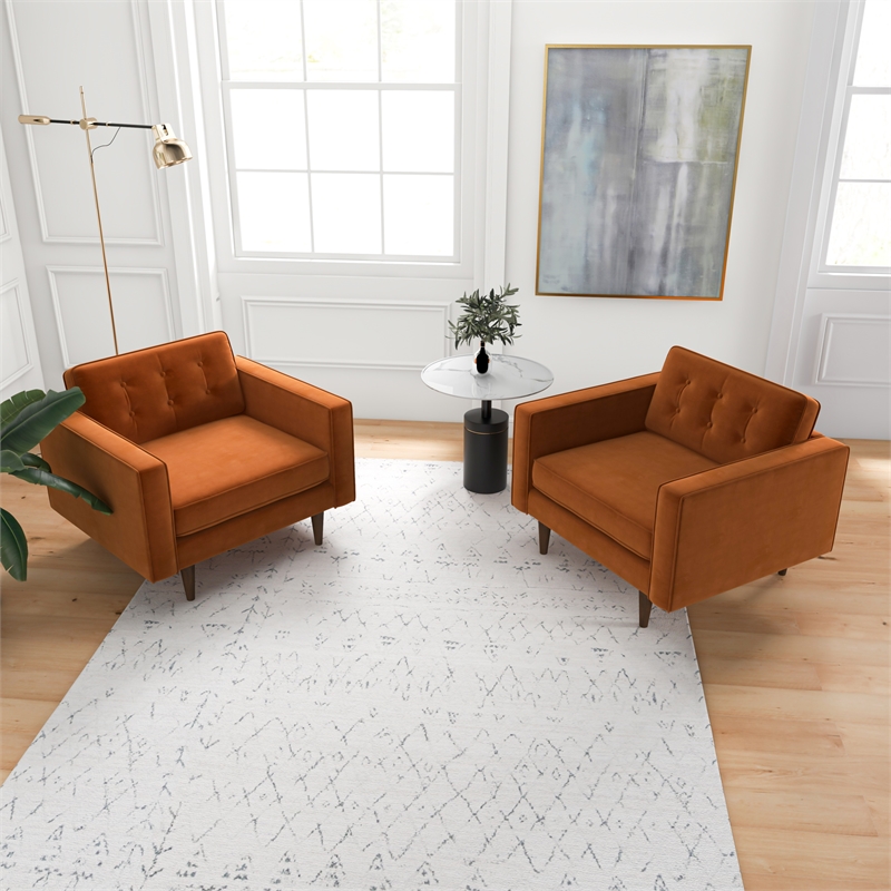 Karmen Mid-Century Pillow Back Velvet Lounge Chair in Orange (Set of 2)
