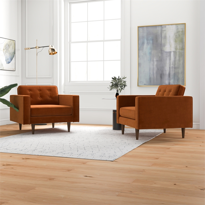 Karmen Mid-Century Pillow Back Velvet Lounge Chair in Orange (Set of 2)